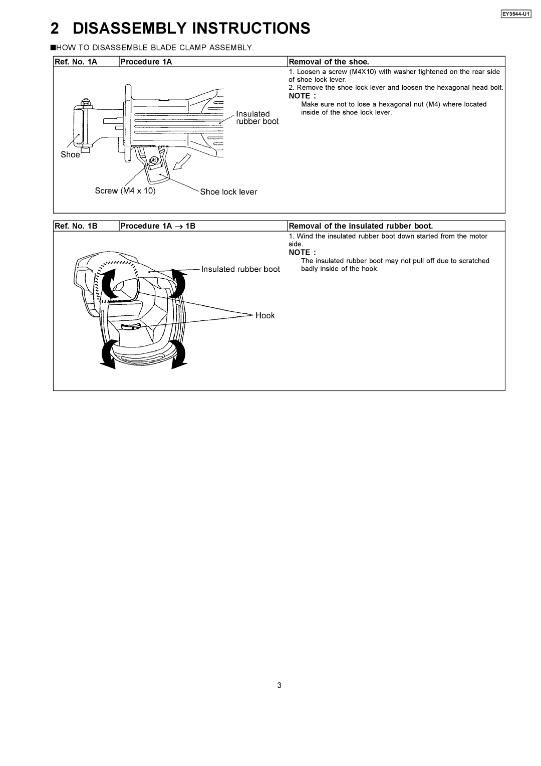 Panasonic EY3544-U1 specifications Disassembly Instructions, Ref. No a Procedure 1A Removal of the shoe 