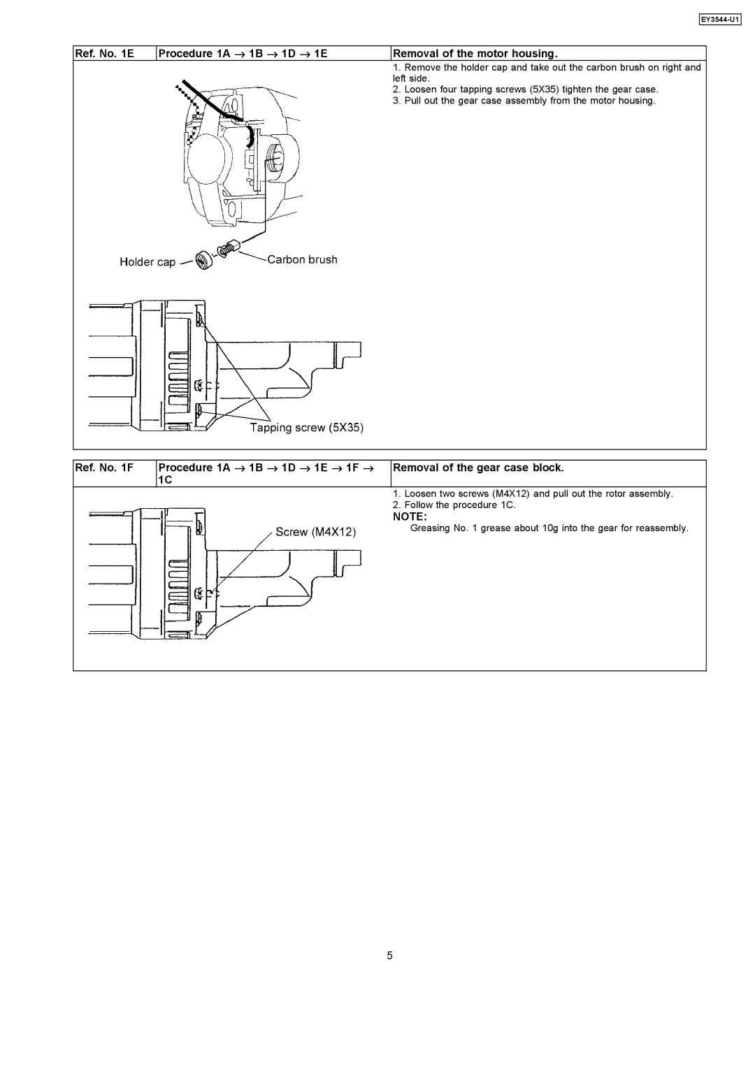 Panasonic EY3544-U1 specifications Loosen two screws M4X12 and pull out the rotor assembly 