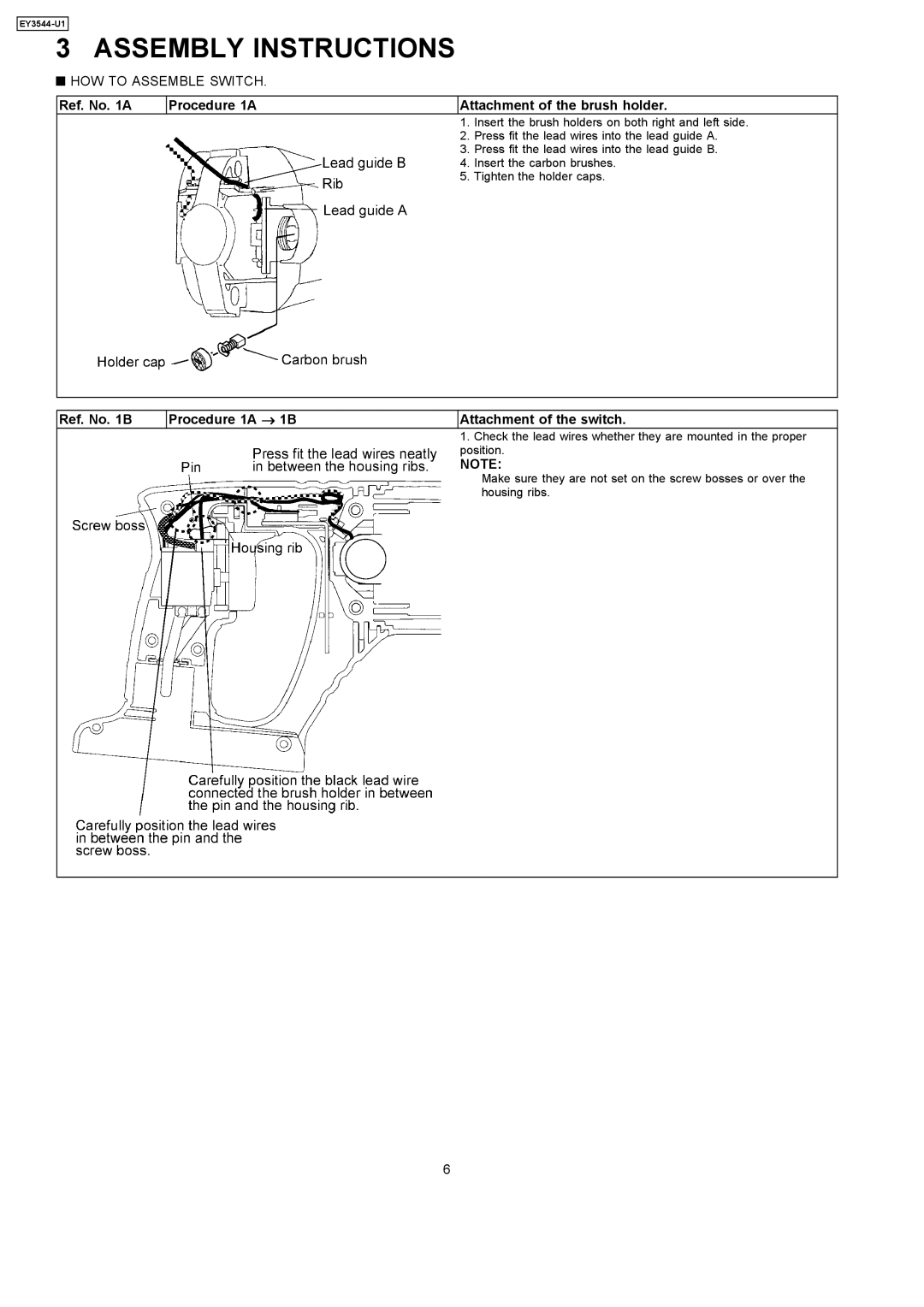 Panasonic EY3544-U1 specifications Assembly Instructions, Ref. No a Procedure 1A Attachment of the brush holder 