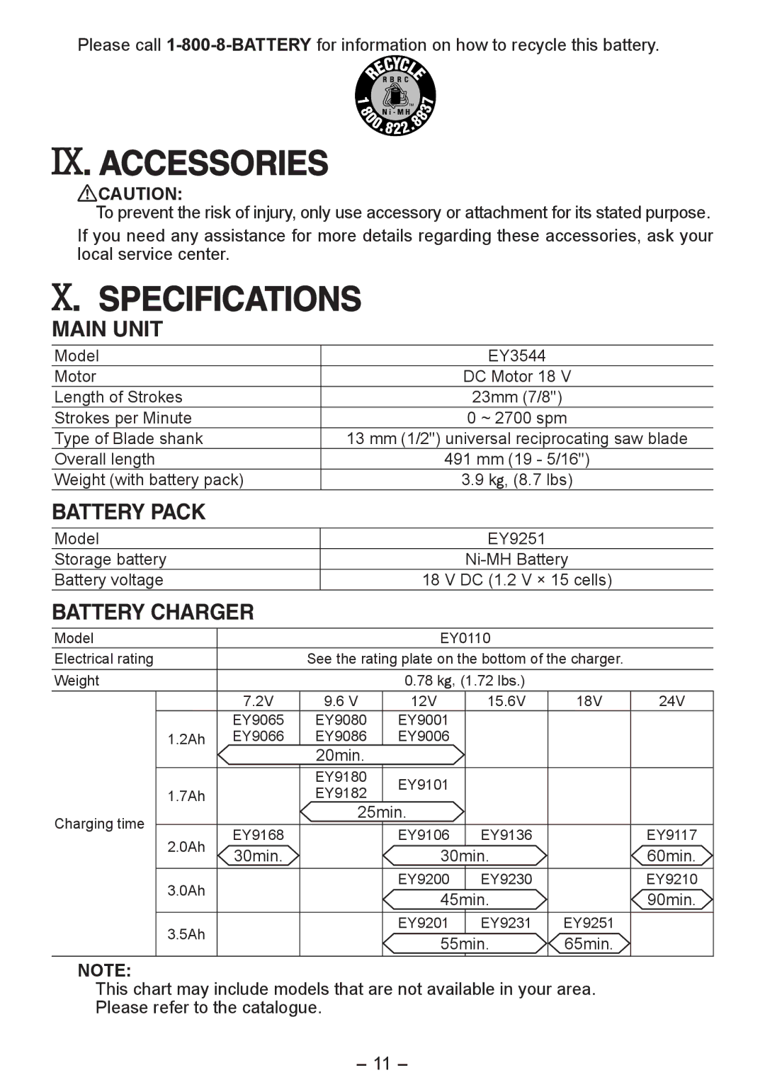 Panasonic EY3544 operating instructions Accessories, Specifications 