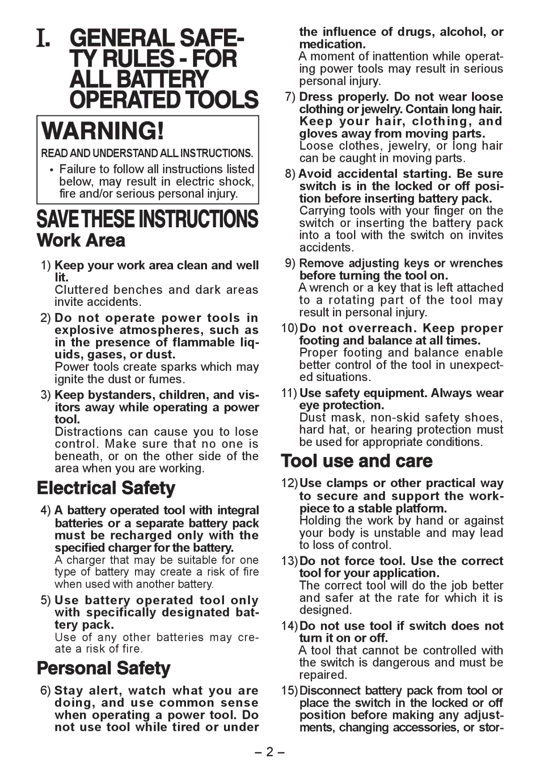 Panasonic EY3544 operating instructions Work Area, Electrical Safety, Personal Safety, Tool use and care 