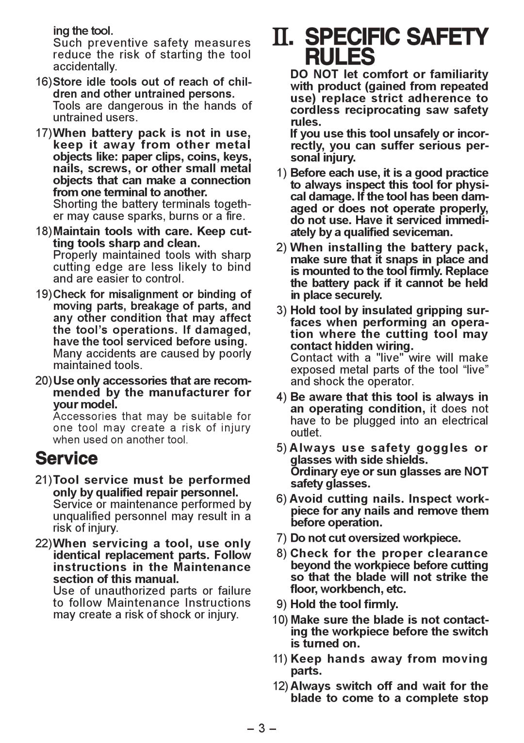 Panasonic EY3544 operating instructions Specific Safety Rules, Service 