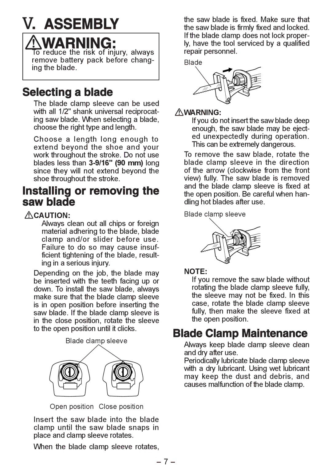 Panasonic EY3544 Assembly, Selecting a blade, Installing or removing the saw blade, Blade Clamp Maintenance 