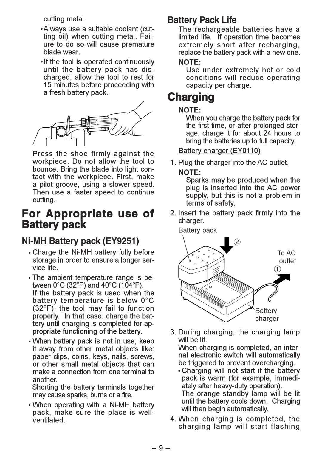 Panasonic EY3544 For Appropriate use of Battery pack, Charging, During charging, the charging lamp will be lit 