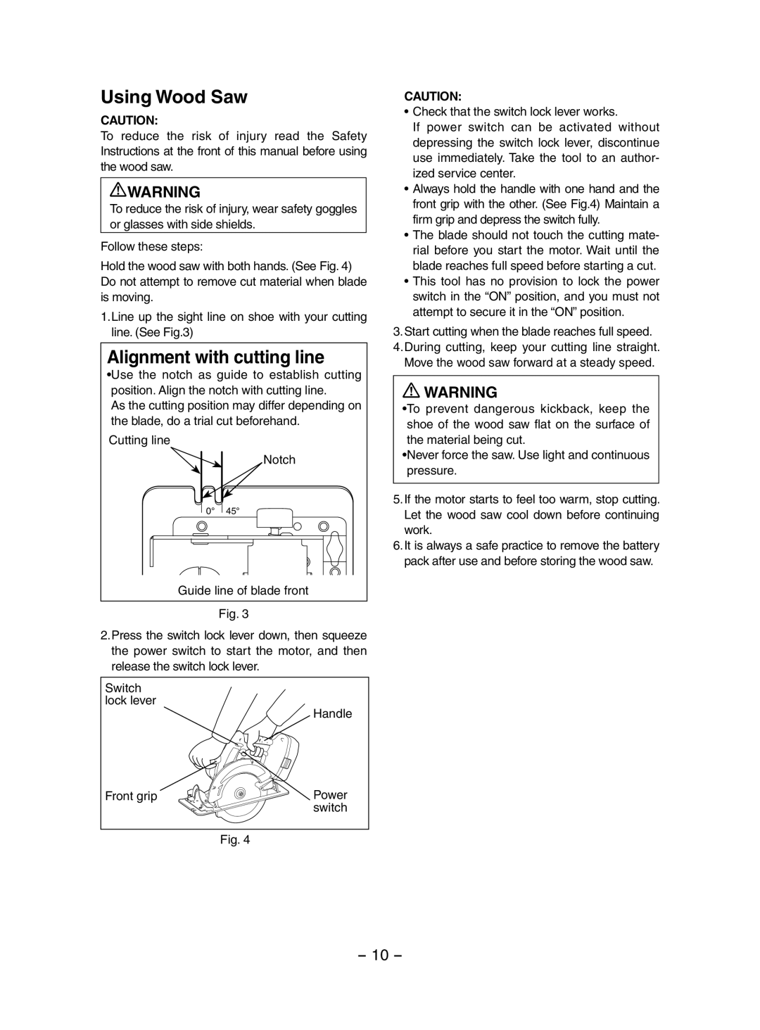 Panasonic EY3551 operating instructions Using Wood Saw, Alignment with cutting line 