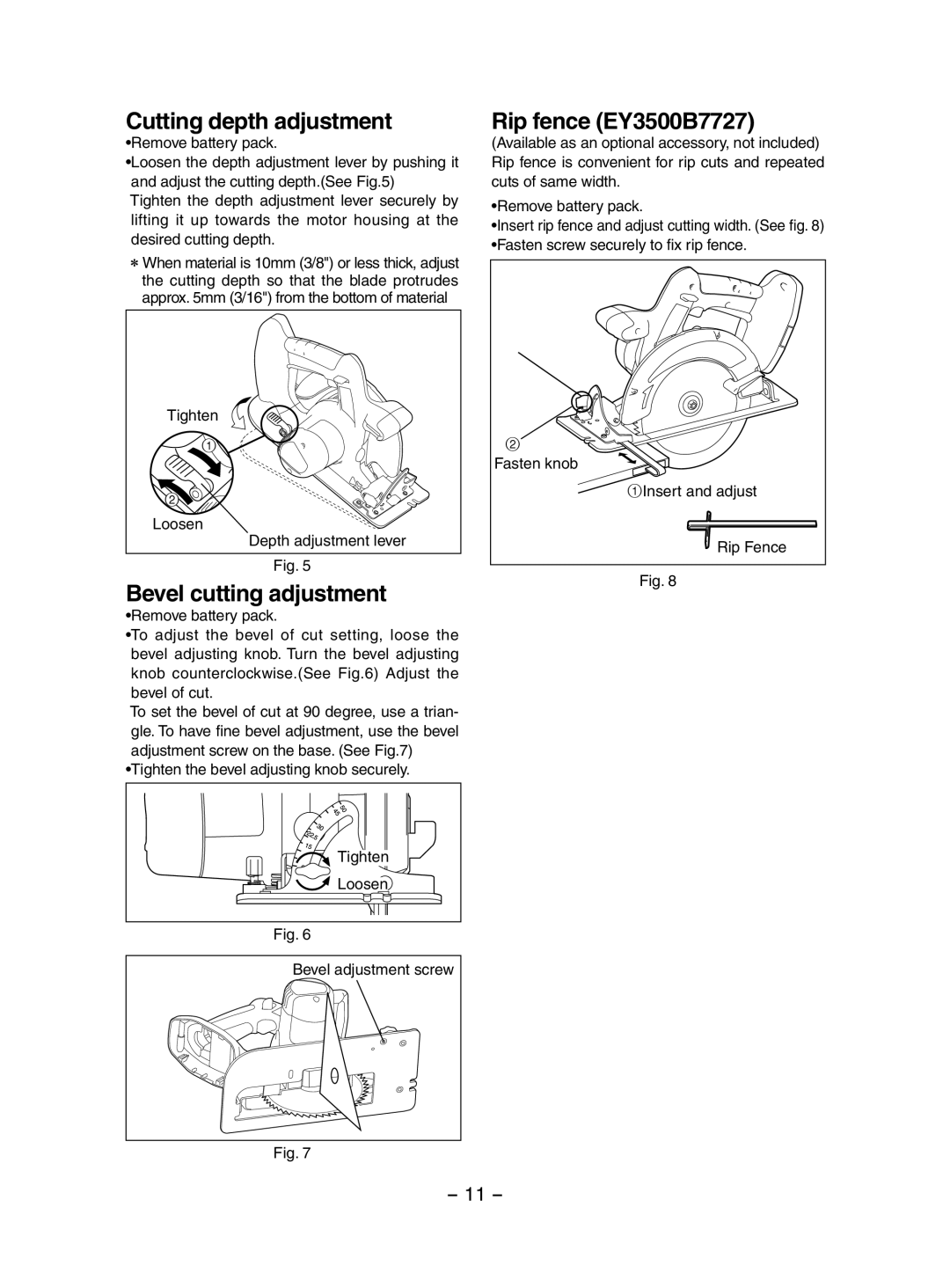 Panasonic EY3551 operating instructions Cutting depth adjustment, Rip fence EY3500B7727, Bevel cutting adjustment 