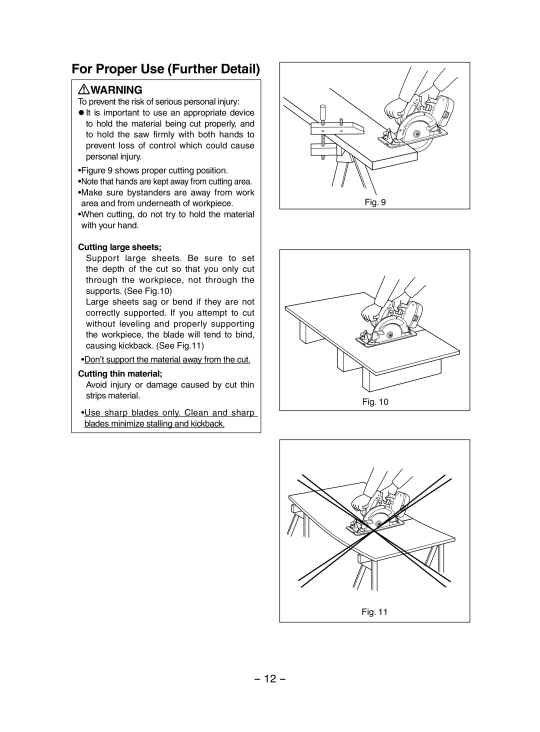 Panasonic EY3551 operating instructions For Proper Use Further Detail, Cutting large sheets, Cutting thin material 