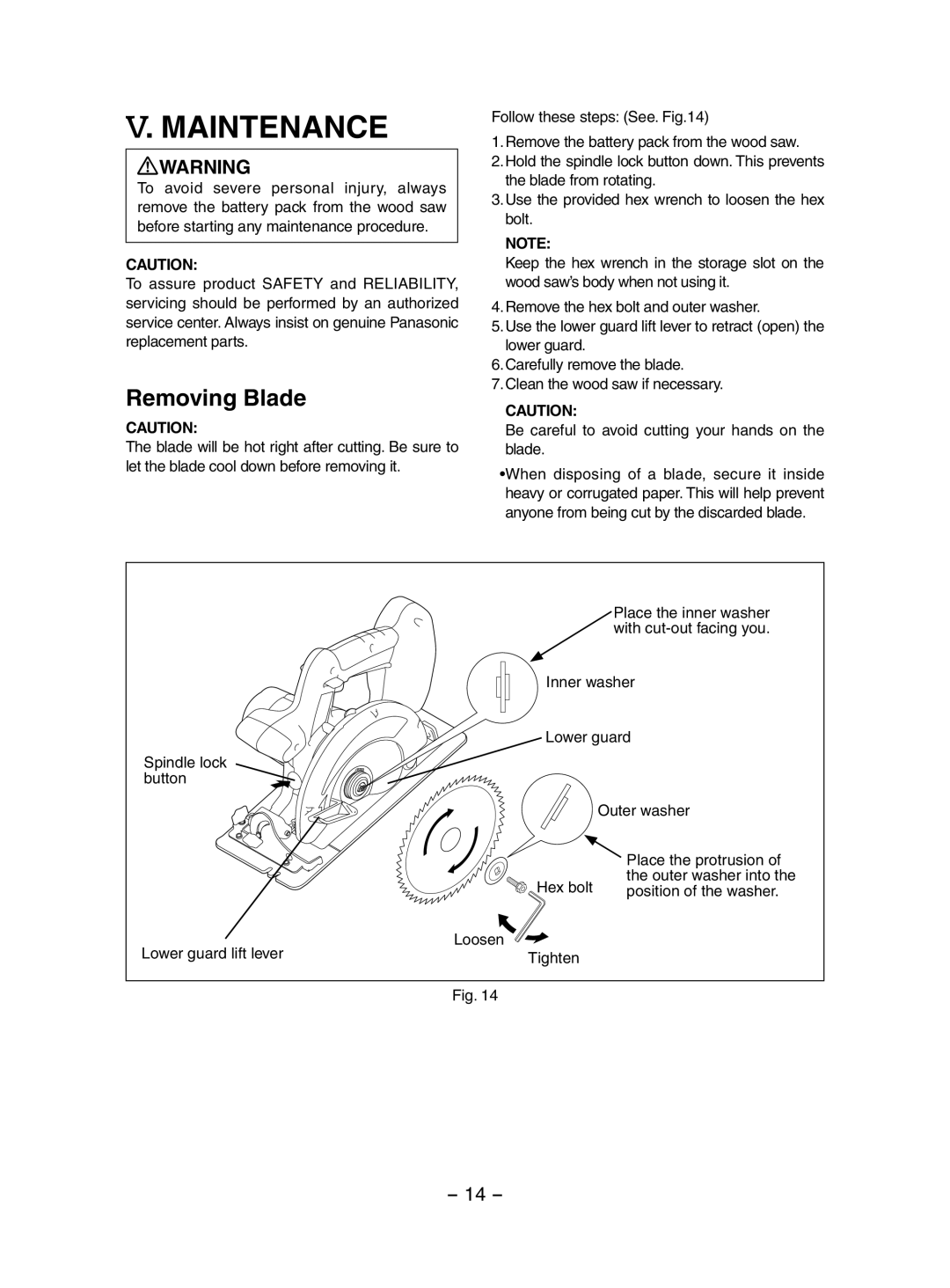 Panasonic EY3551 operating instructions Maintenance, Removing Blade 