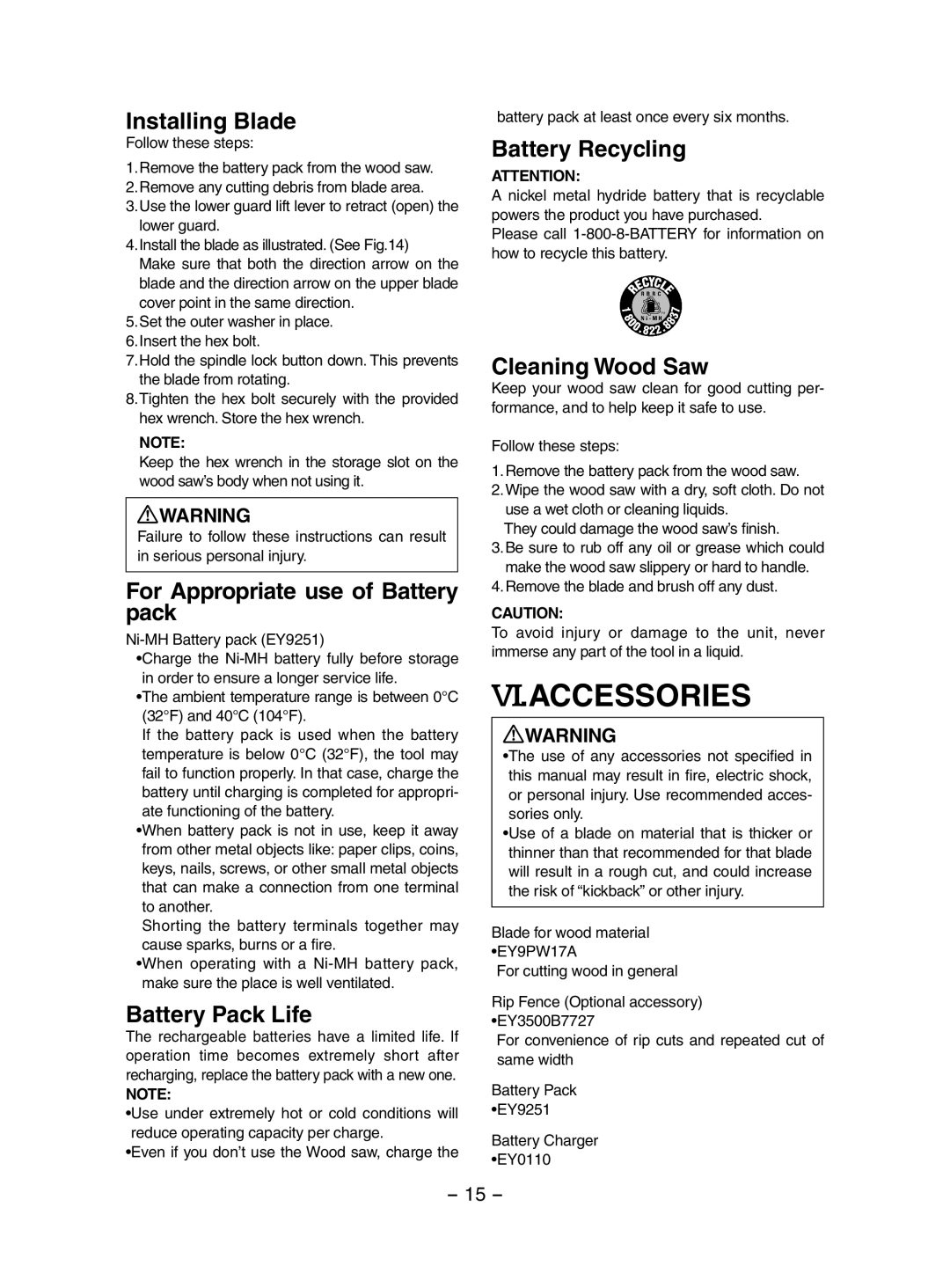 Panasonic EY3551 operating instructions Vi.Accessories 