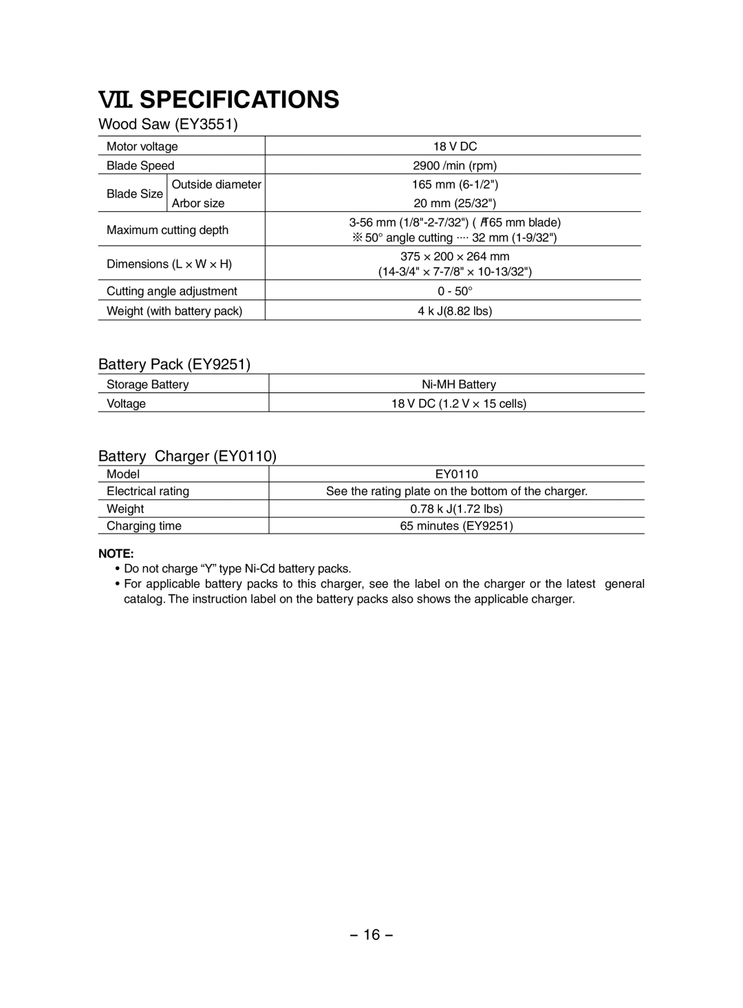 Panasonic EY3551 operating instructions VII. Specifications 