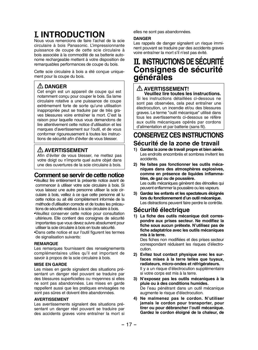 Panasonic EY3551 Consignes de sécurité générales, Sécurité de la zone de travail, Sécurité électrique 