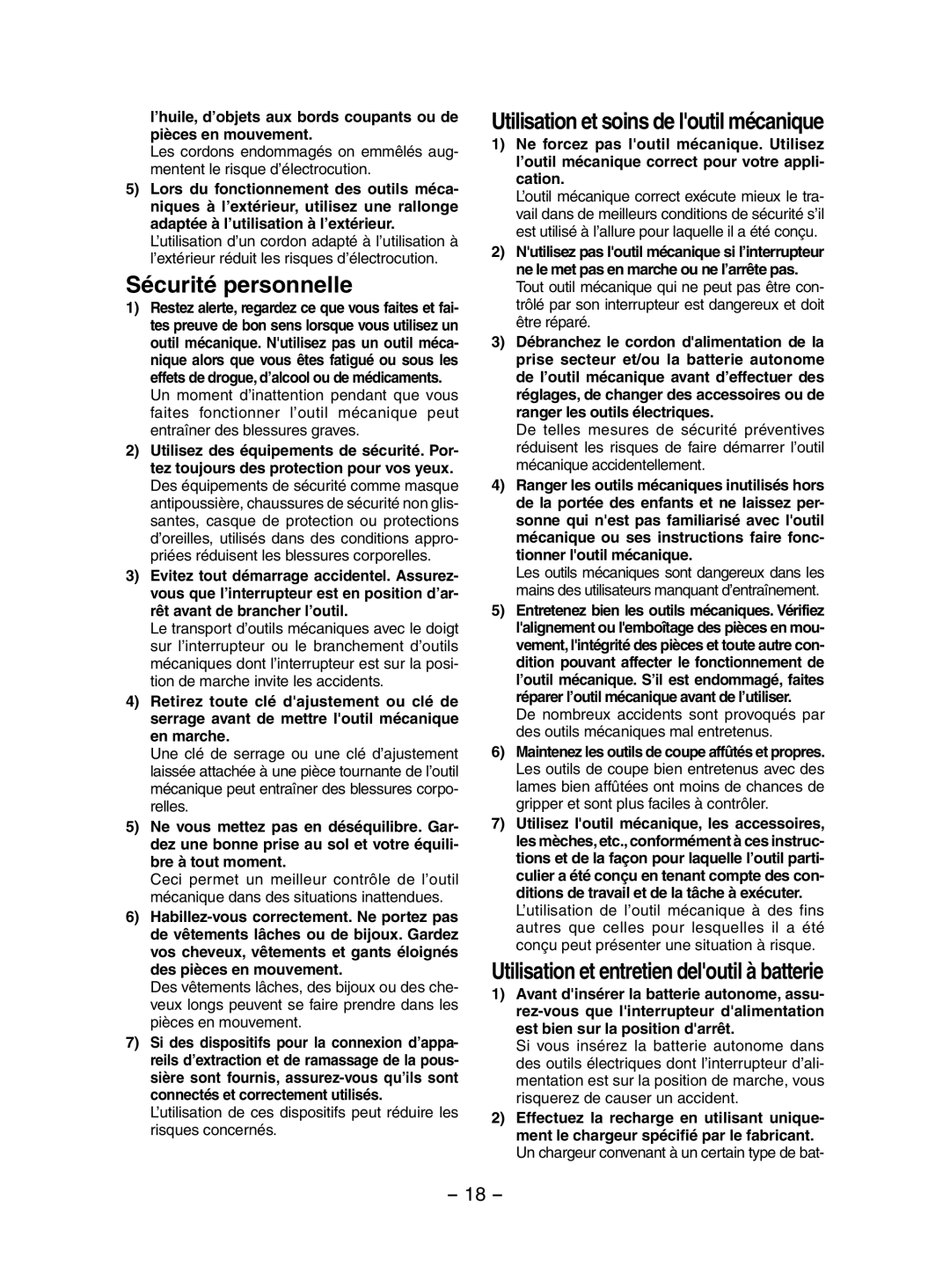 Panasonic EY3551 operating instructions Sécurité personnelle, Utilisation et soins de loutil mécanique 