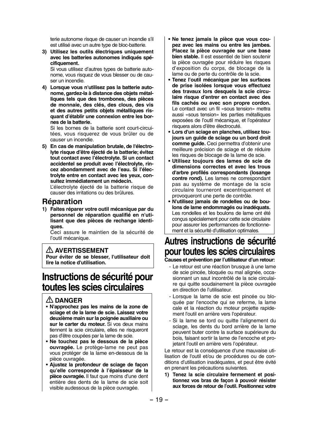 Panasonic EY3551 operating instructions Réparation, Ceci assure le maintien de la sécurité de l’outil mécanique 