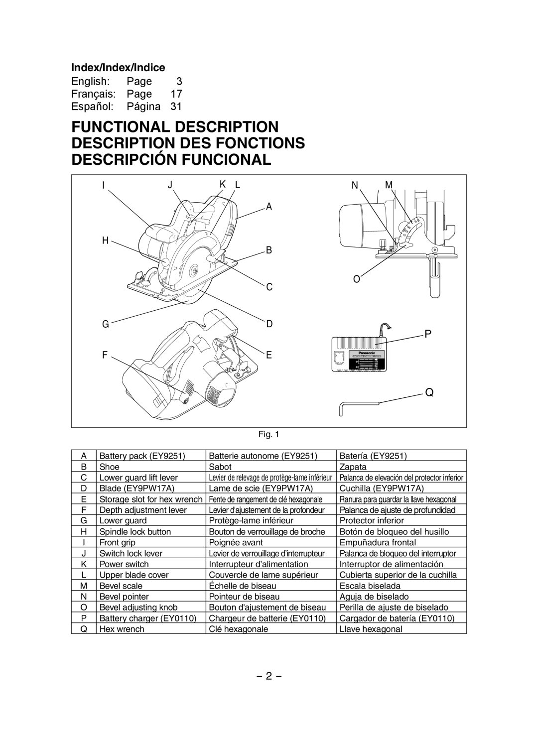 Panasonic EY3551 operating instructions Blade EY9PW17A Lame de scie EY9PW17A Cuchilla EY9PW17A, Depth adjustment lever 