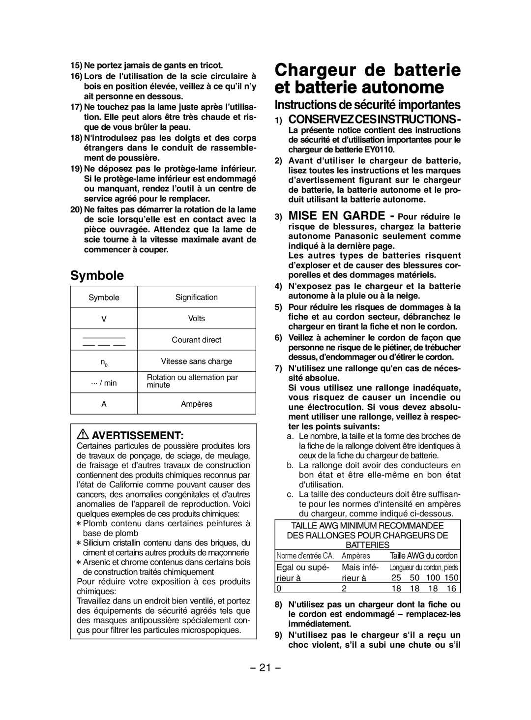 Panasonic EY3551 Chargeur de batterie et batterie autonome, Symbole, Instructions de sécurité importantes 