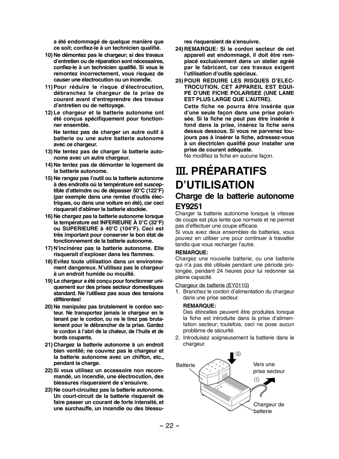 Panasonic EY3551 III. Préparatifs ’UTILISATION, Charge de la batterie autonome EY9251, Un endroit humide ou mouillé 