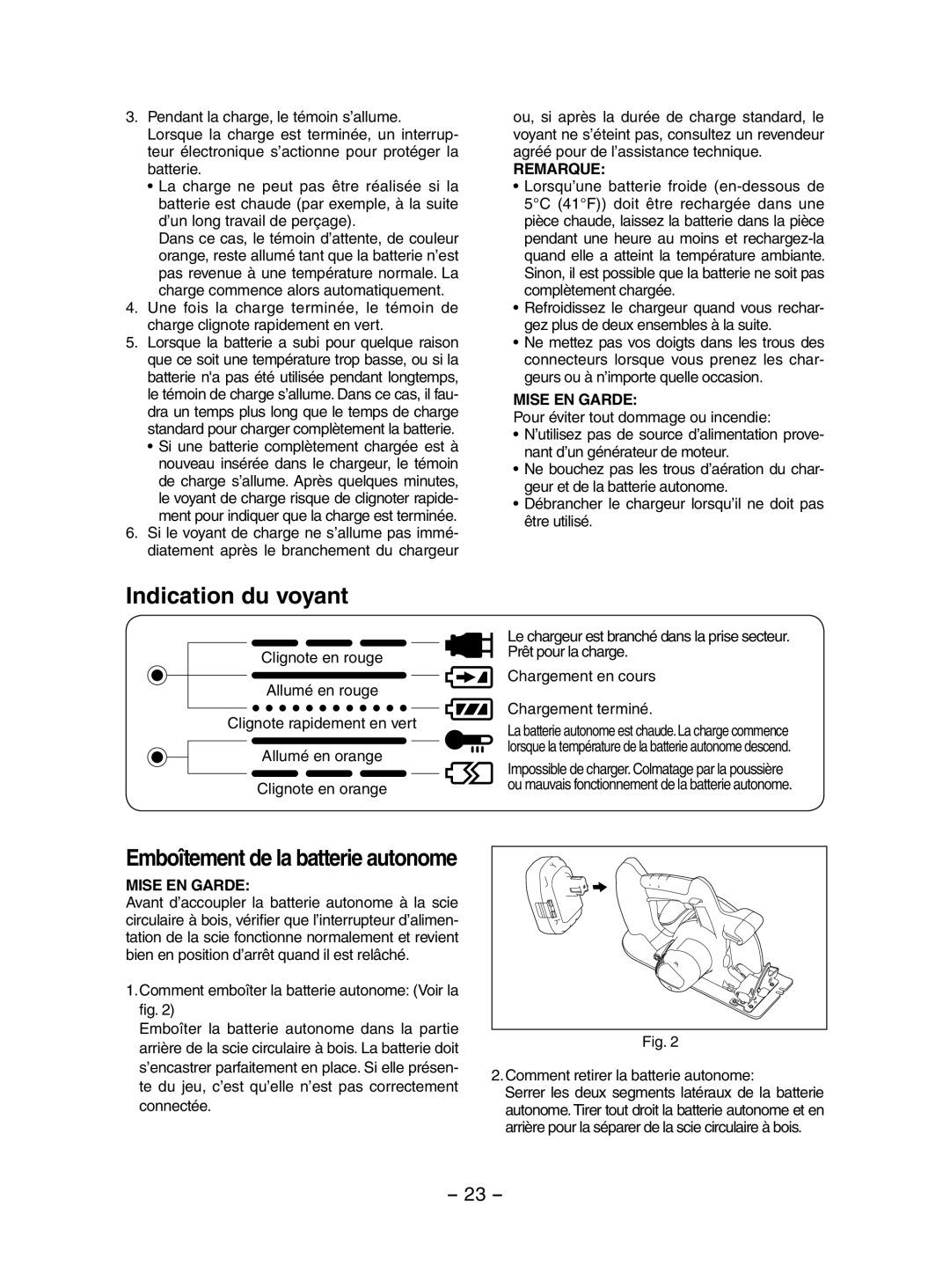 Panasonic EY3551 operating instructions Indication du voyant, Comment emboîter la batterie autonome Voir la fig 