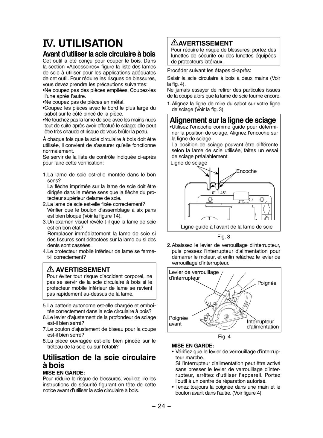 Panasonic EY3551 IV. Utilisation, Utilisation de la scie circulaire à bois, Alignement sur la ligne de sciage 