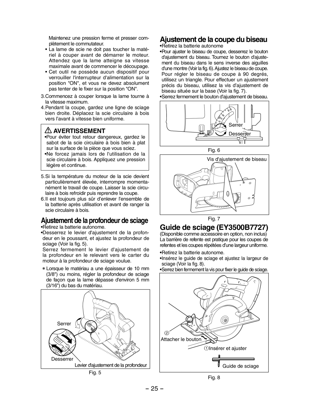 Panasonic EY3551 operating instructions Ajustement de la coupe du biseau, Guide de sciage EY3500B7727 