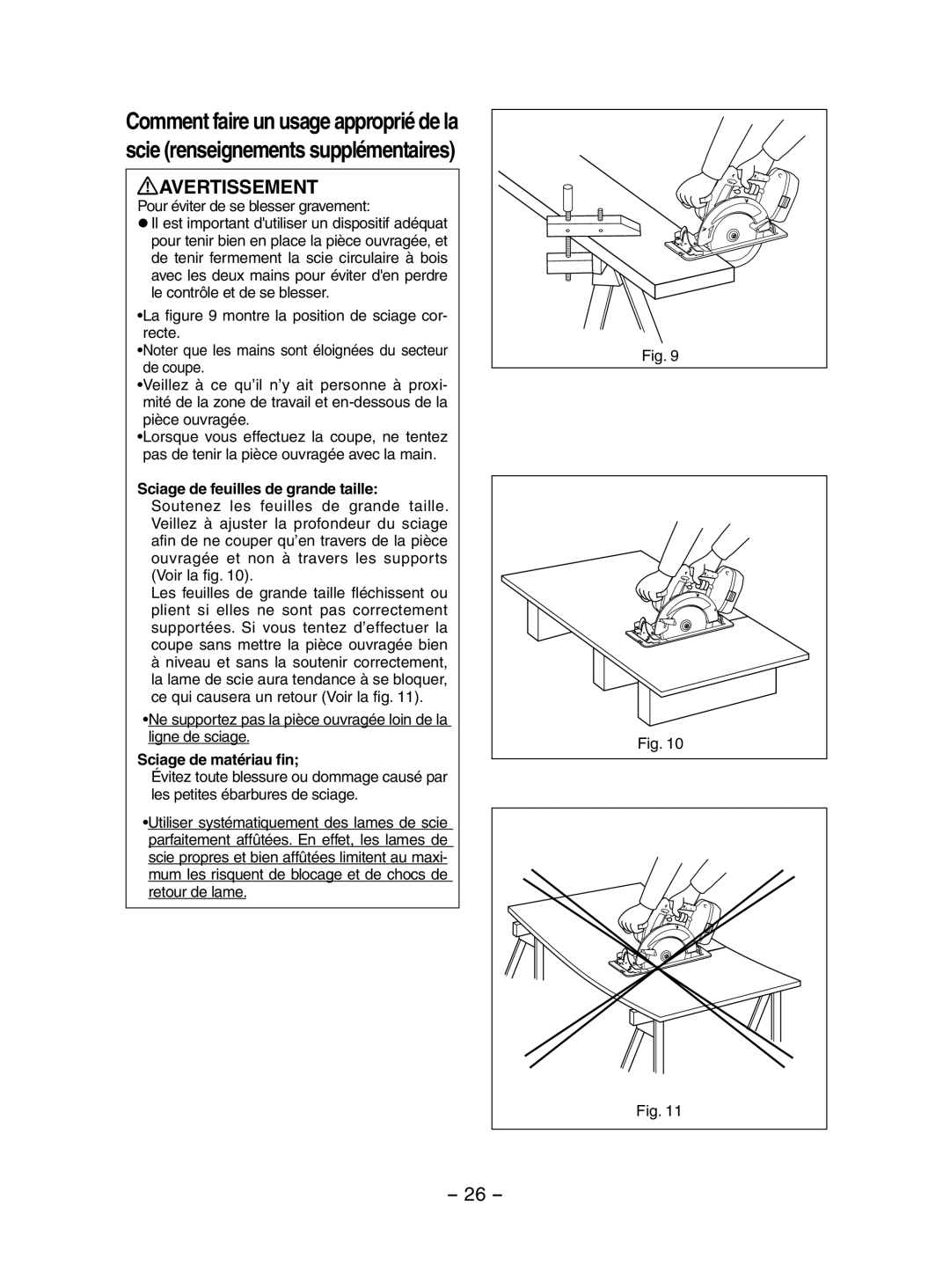 Panasonic EY3551 operating instructions Pour éviter de se blesser gravement, Sciage de matériau fin 