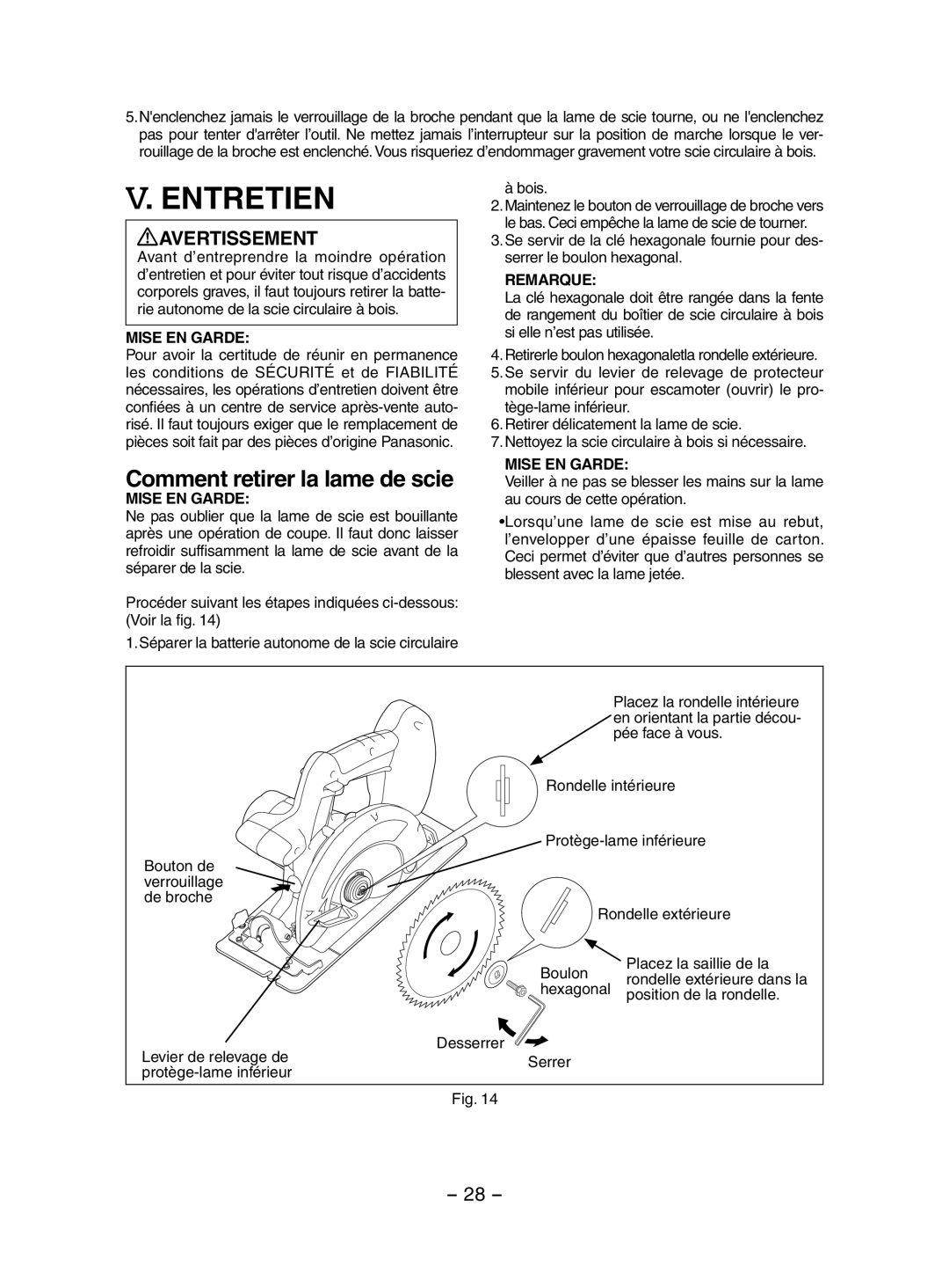 Panasonic EY3551 Entretien, Comment retirer la lame de scie, Tège-lame inférieur, Hexagonal, Position de la rondelle 