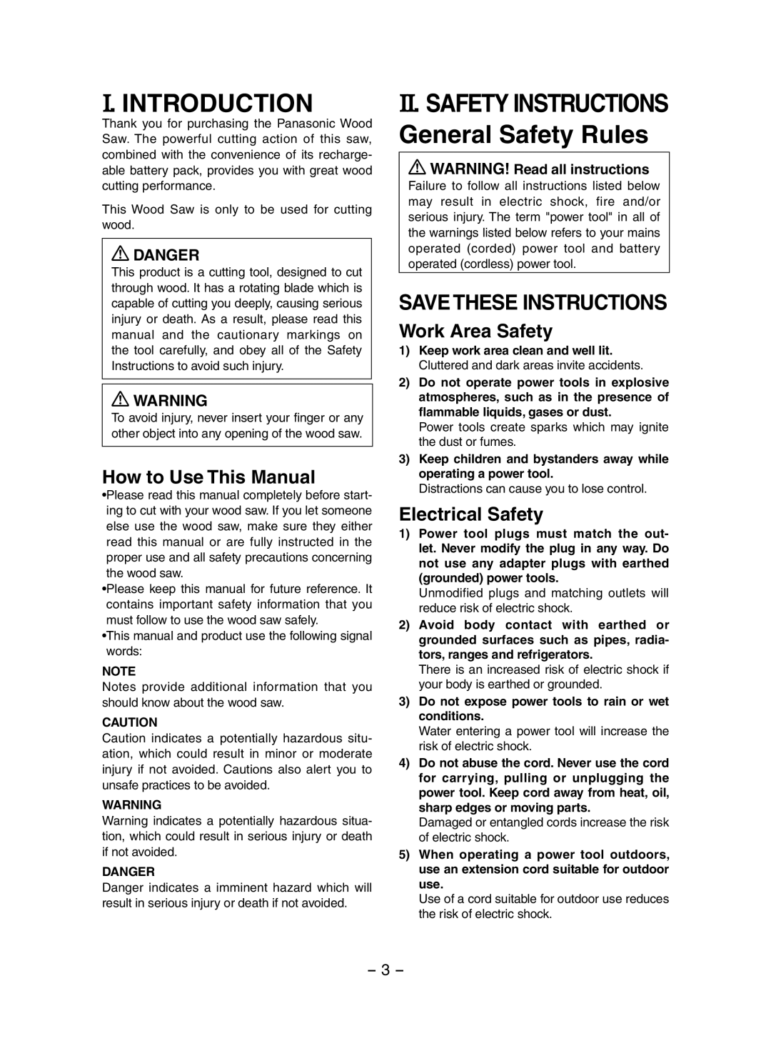 Panasonic EY3551 operating instructions Introduction, II. Safety Instructions, General Safety Rules 