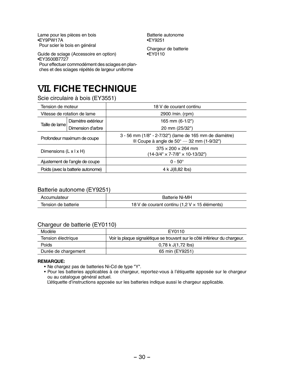 Panasonic EY3551 operating instructions VII. Fiche Technique 