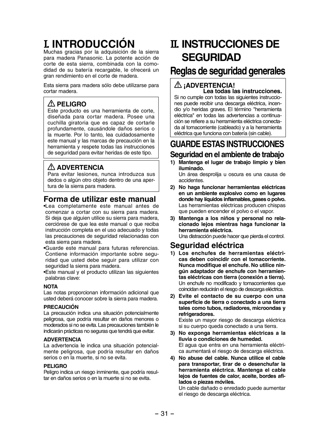 Panasonic EY3551 Introducción, II. Instrucciones DE Seguridad, Forma de utilizar este manual, Seguridad eléctrica 