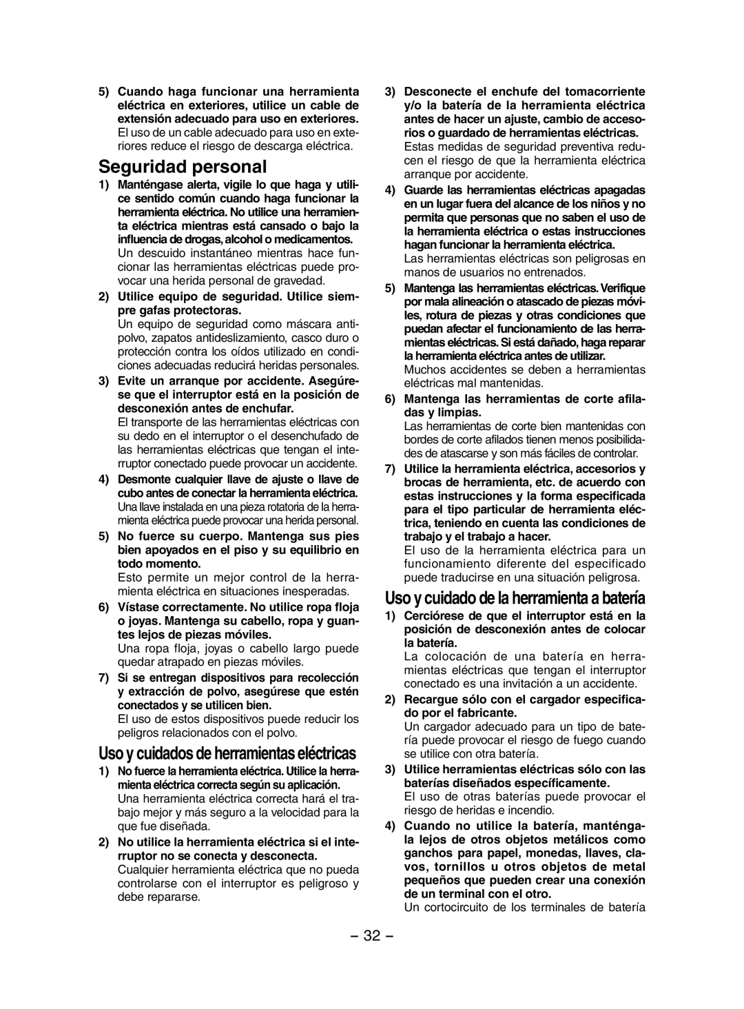 Panasonic EY3551 operating instructions Seguridad personal, Mantenga las herramientas de corte afila- das y limpias 