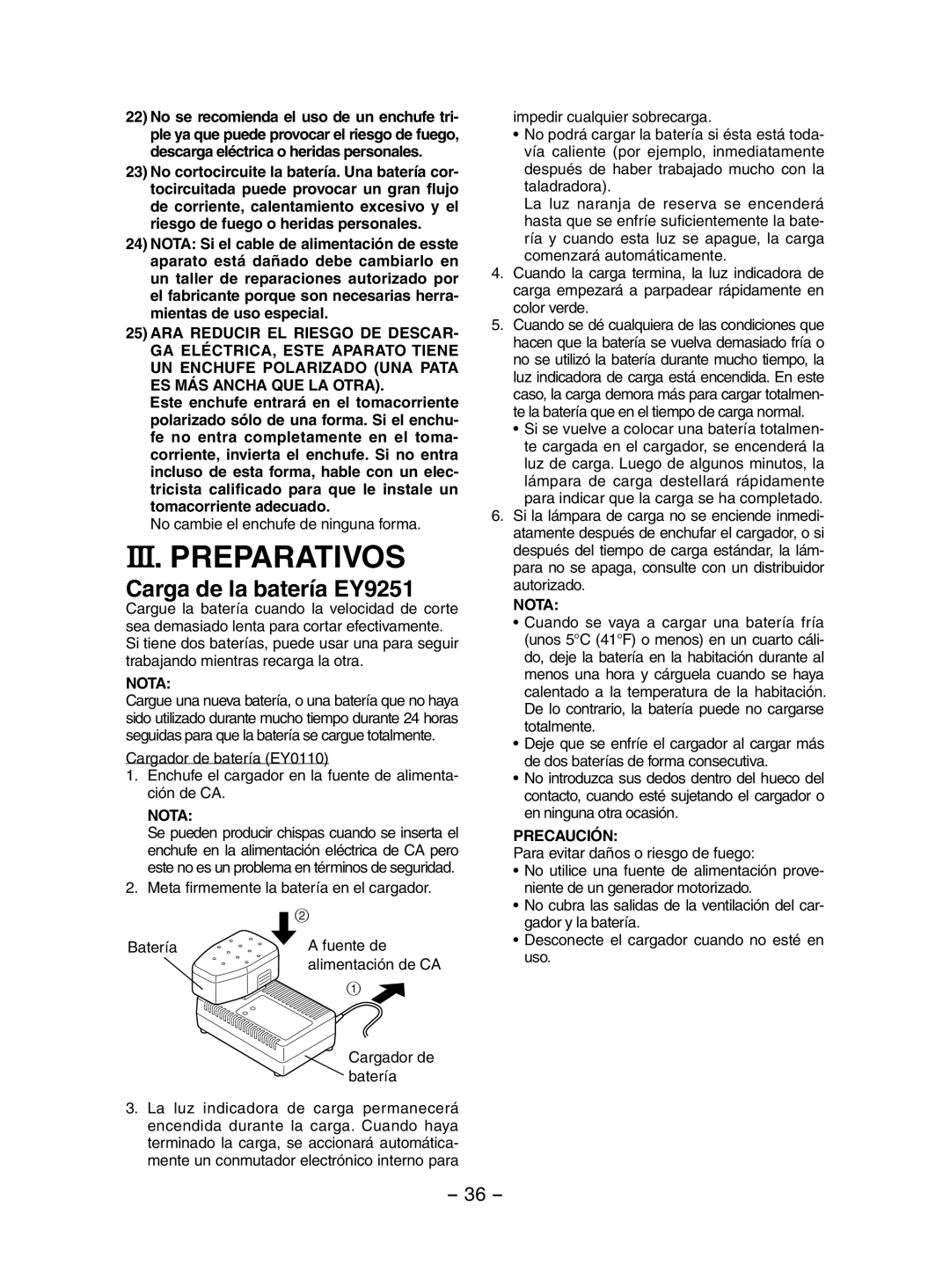 Panasonic EY3551 III. Preparativos, Carga de la batería EY9251, No cambie el enchufe de ninguna forma 