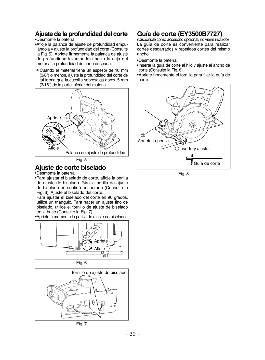 Panasonic EY3551 Ajuste de corte biselado, Guía de corte EY3500B7727, Ajuste de la profundidad del corte 