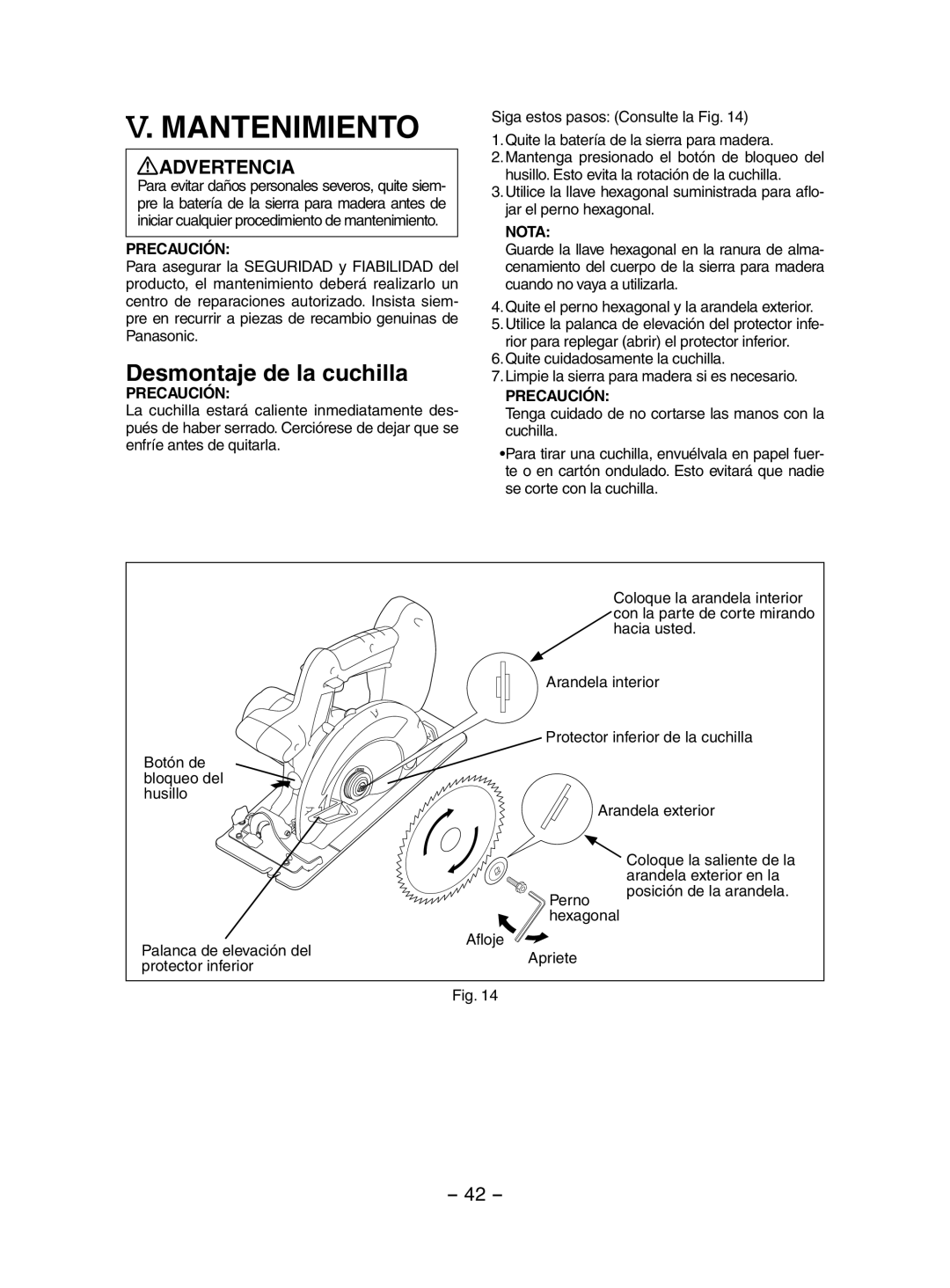 Panasonic EY3551 operating instructions Mantenimiento, Desmontaje de la cuchilla, Jar el perno hexagonal 