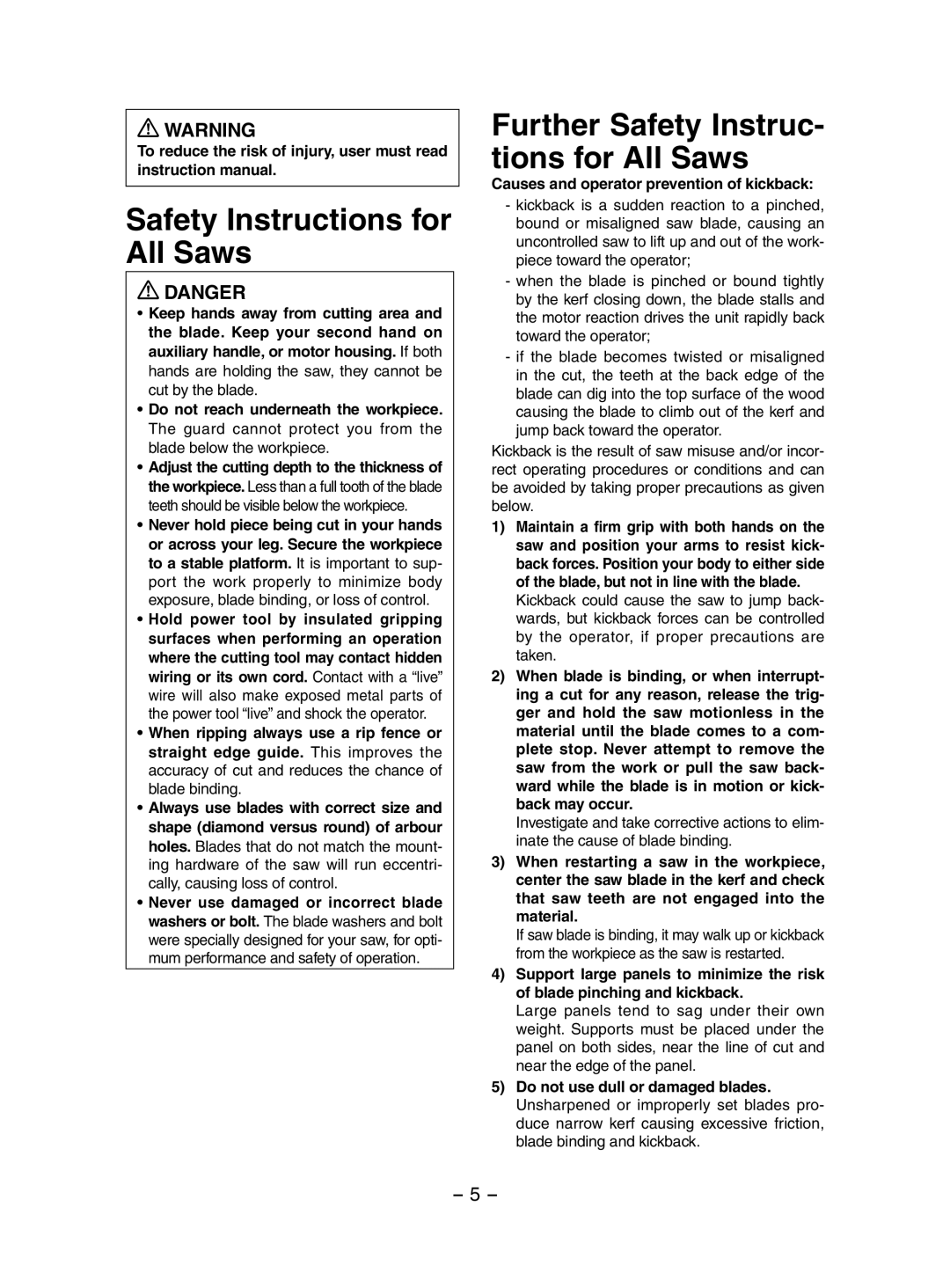 Panasonic EY3551 operating instructions Safety Instructions for All Saws, Further Safety Instruc- tions for All Saws 