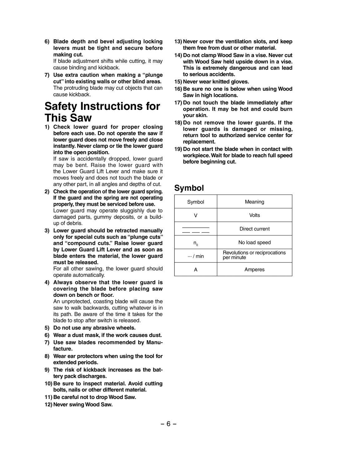 Panasonic EY3551 operating instructions Safety Instructions for This Saw, Symbol, Do not use any abrasive wheels 