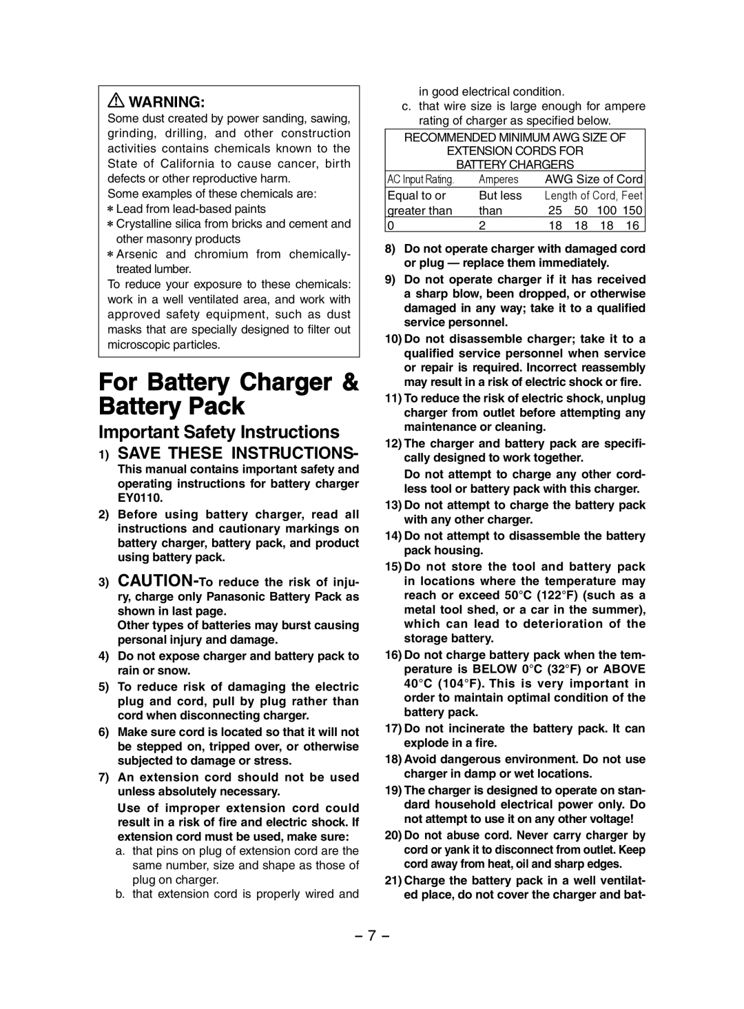 Panasonic EY3551 operating instructions For Battery Charger Battery Pack, Important Safety Instructions 