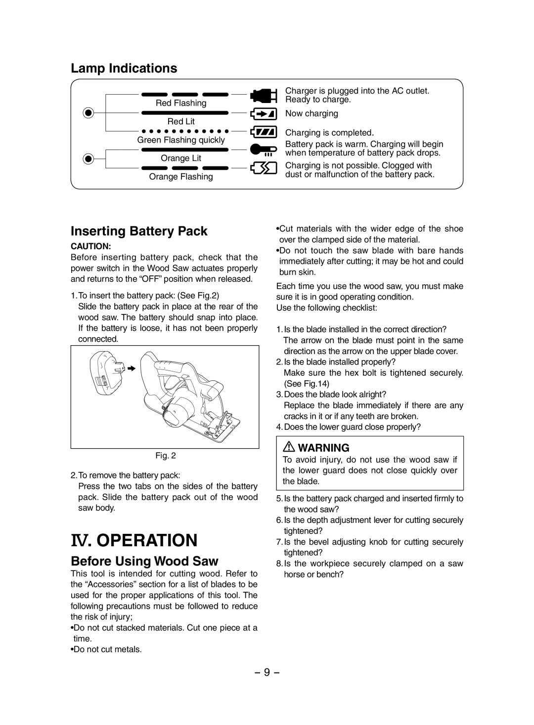 Panasonic EY3551 operating instructions IV. Operation, Lamp Indications, Inserting Battery Pack, Before Using Wood Saw 