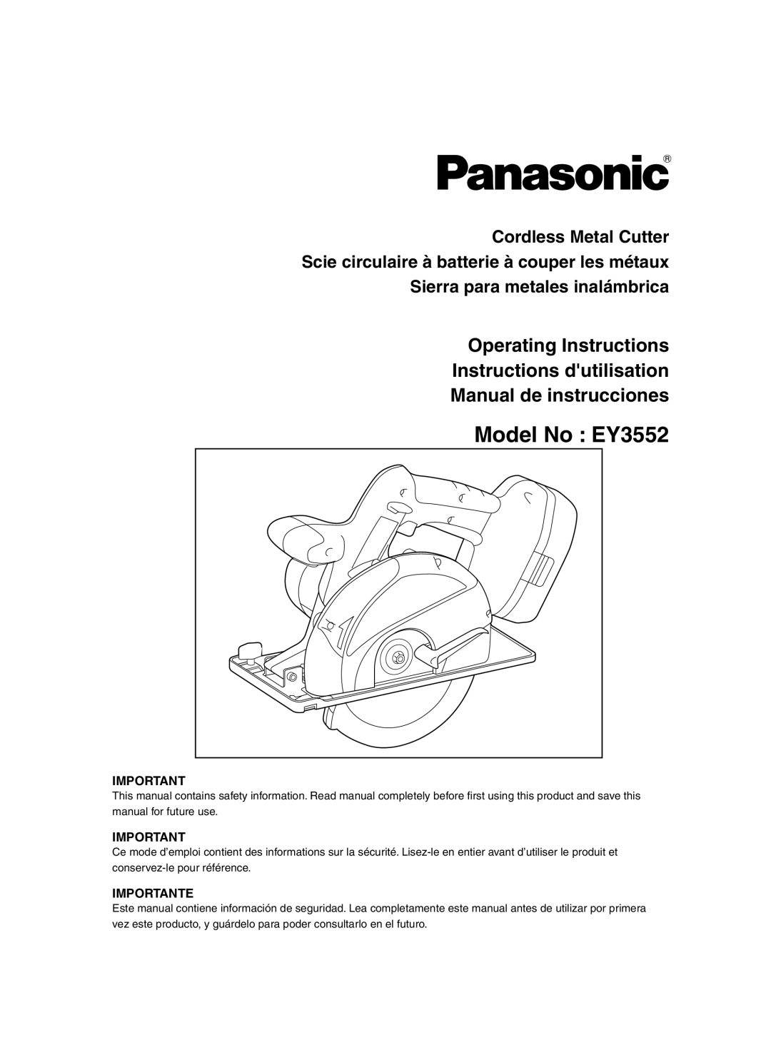 Panasonic operating instructions Model No EY3552, Importante 