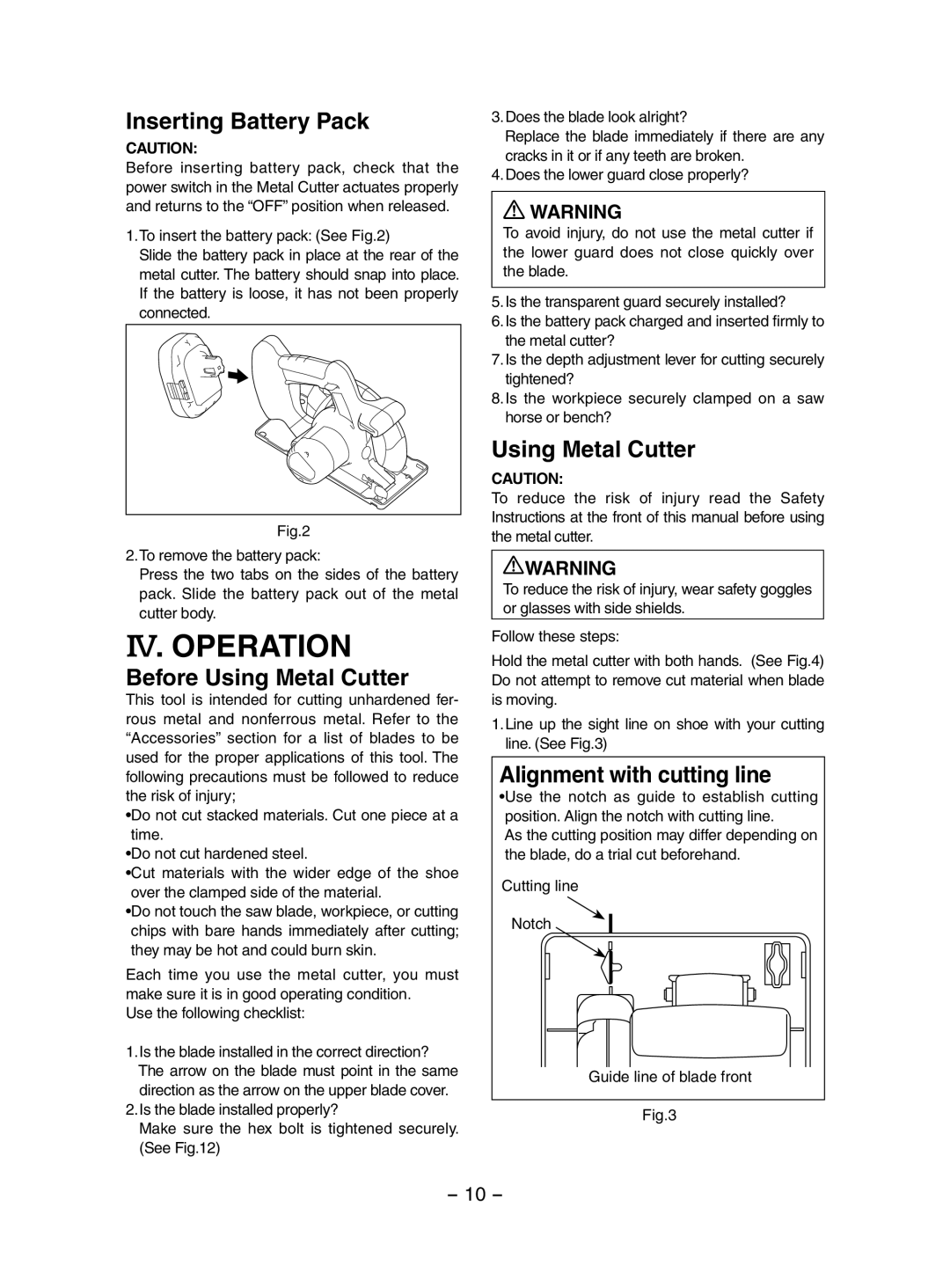 Panasonic EY3552 IV. Operation, Inserting Battery Pack, Before Using Metal Cutter, Alignment with cutting line 