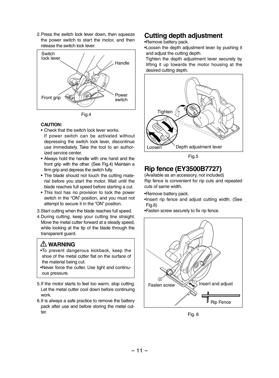 Panasonic EY3552 operating instructions Cutting depth adjustment, Rip fence EY3500B7727, Rip Fence 