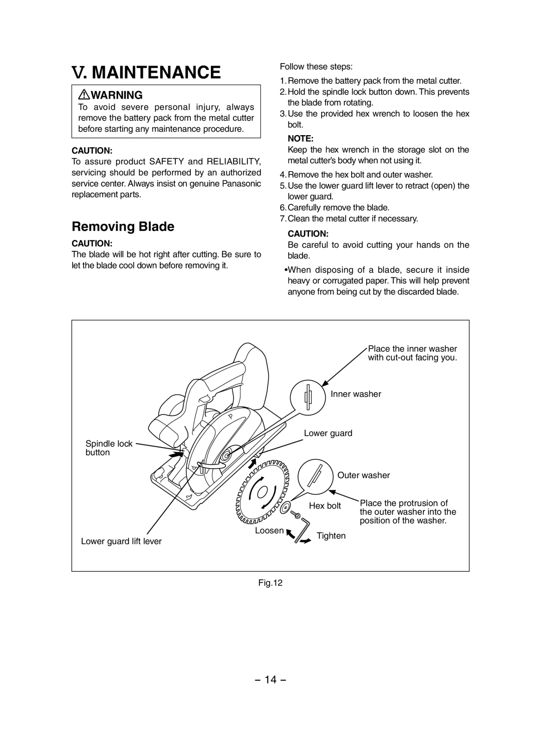 Panasonic EY3552 operating instructions Maintenance, Removing Blade 