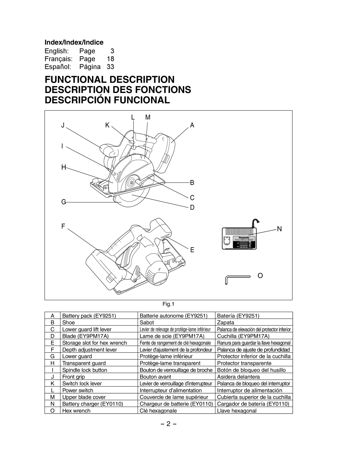 Panasonic EY3552 Depth adjustment lever, Lower guard Protège-lame inférieur, Botón de bloqueo del husillo 