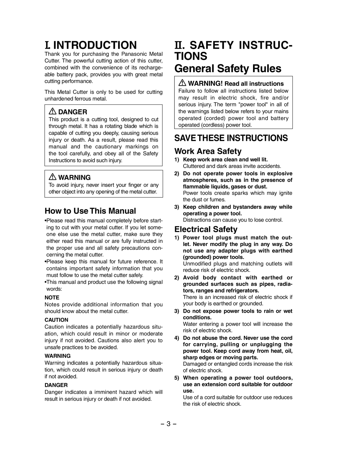 Panasonic EY3552 operating instructions Introduction, II. Safety Instruc Tions, General Safety Rules 