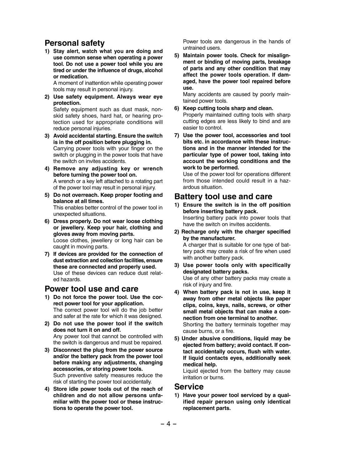 Panasonic EY3552 operating instructions Personal safety, Power tool use and care, Battery tool use and care, Service 