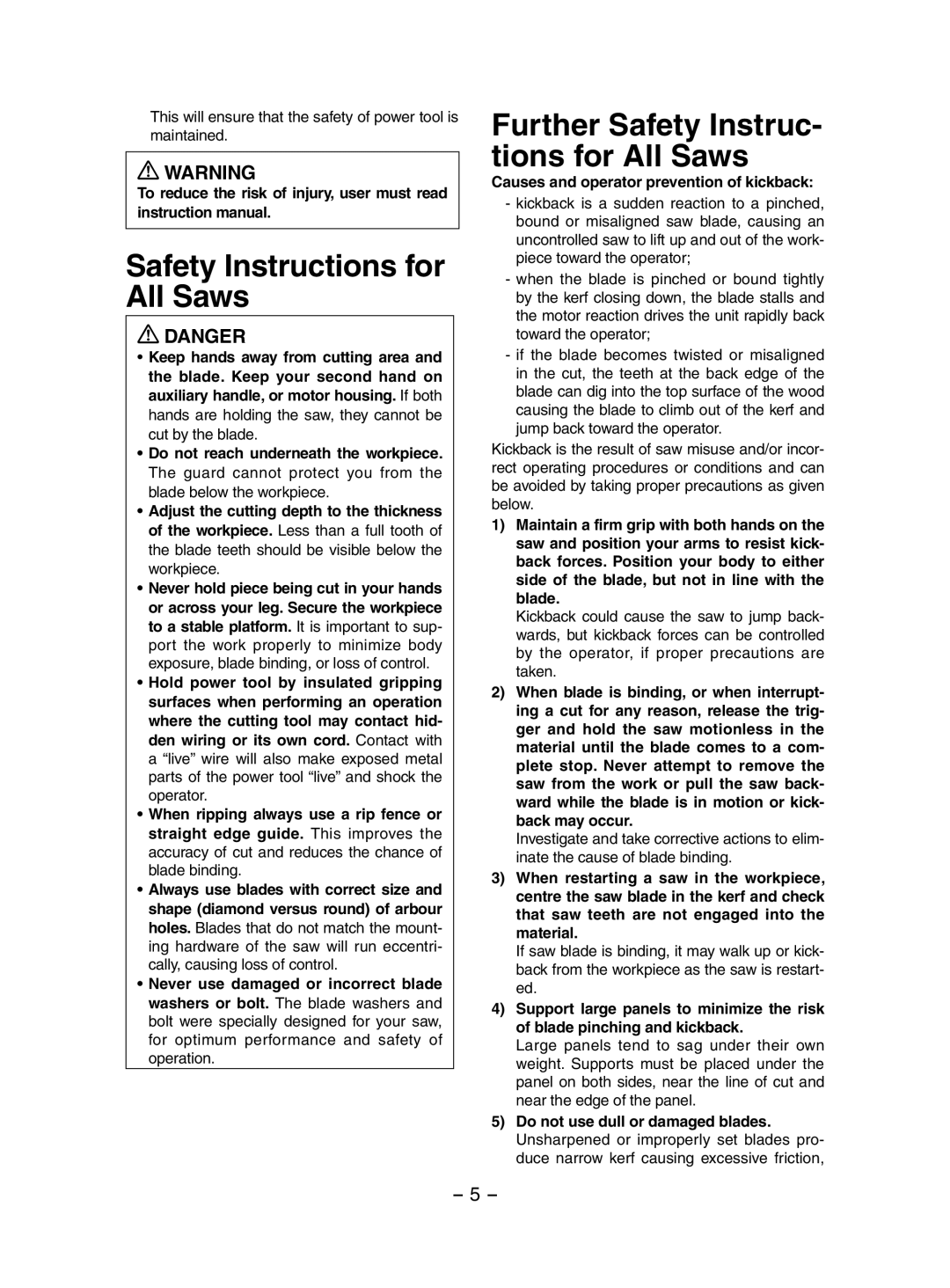 Panasonic EY3552 operating instructions Safety Instructions for All Saws, Further Safety Instruc- tions for All Saws 