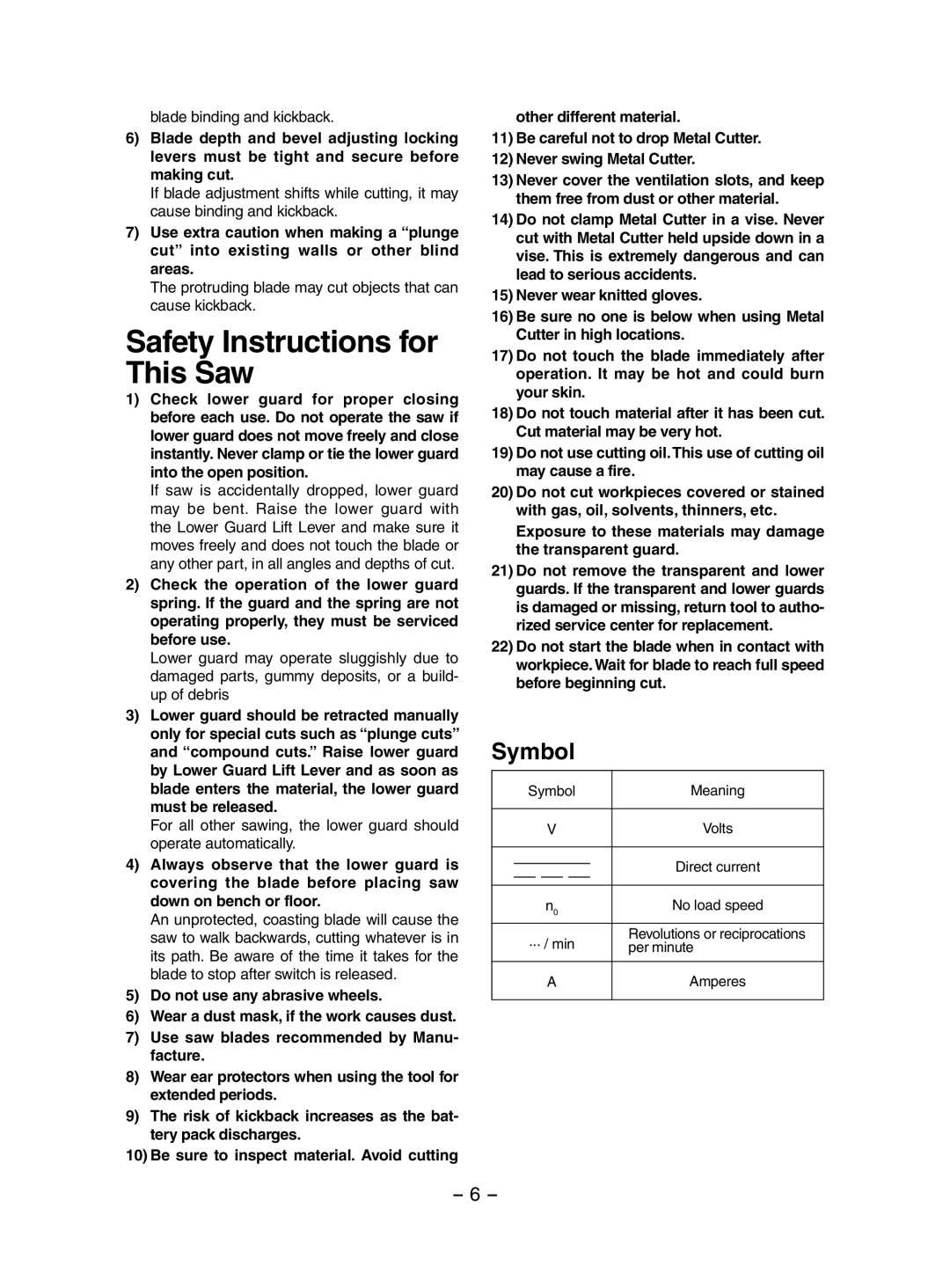 Panasonic EY3552 Safety Instructions for This Saw, Symbol, Blade binding and kickback, Do not use any abrasive wheels 