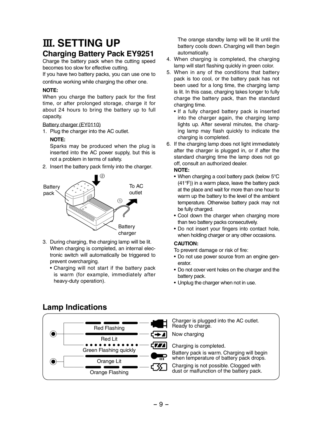 Panasonic EY3552 operating instructions III. Setting UP, Charging Battery Pack EY9251, Lamp Indications 