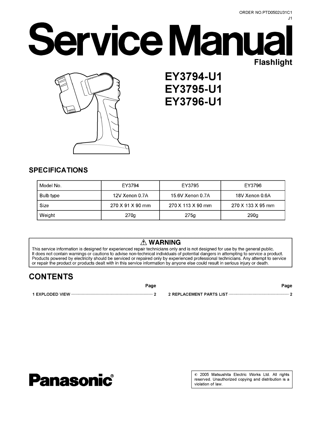 Panasonic specifications EY3794-U1 EY3795-U1 EY3796-U1 