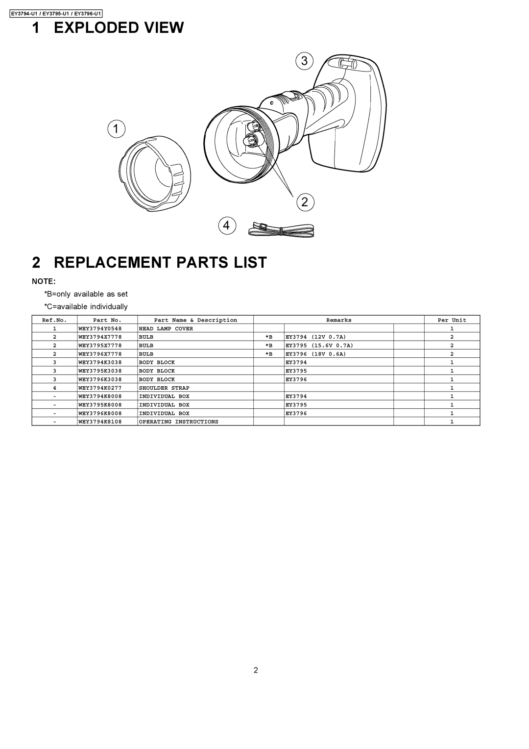 Panasonic EY3794-U1 specifications Exploded View Replacement Parts List, =only available as set *C=available individually 