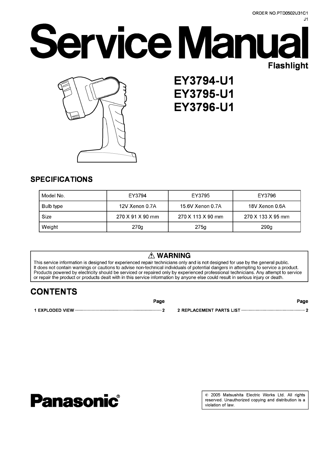 Panasonic specifications EY3794-U1 EY3795-U1 EY3796-U1, Flashlight, Contents, Specifications, Page, Exploded View 