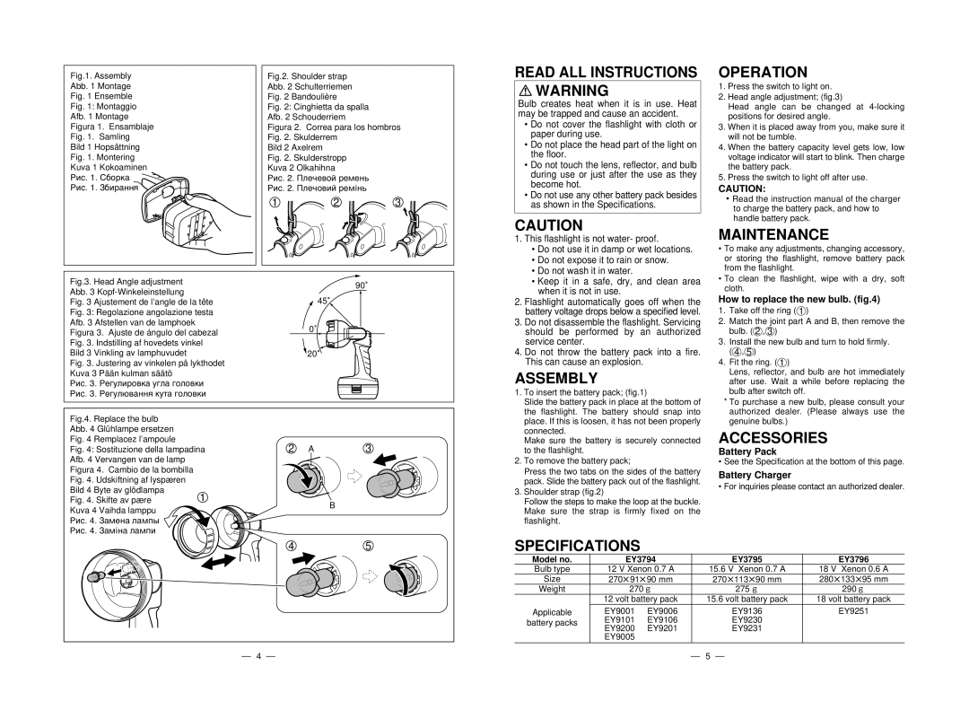 Panasonic EY3796, EY3795, EY3794 manual Operation, Maintenance, Assembly, Accessories, Specifications 